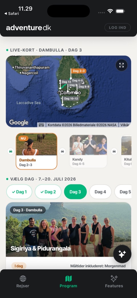 AdventureDK-appen: interaktiv rejseplan med live-kort over Sri Lanka-ruten